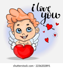 Vector cupidone with heart. Cupid greeting. Little cute cupid with big red heart and many little hearts and blue background. Greeting card with text I love you. Illustration for Valentines day design.