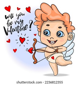 Vector cupidone with heart. Cupid greeting. Little cute cupid with bow and many little hearts and blue background. Greeting card with text I love you. Illustration for Valentines day design.
