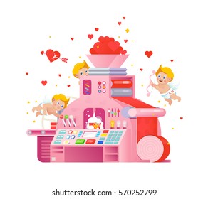 Vector cupids workplace on love gift factory. Happy Valentines day design elements isolated on white background. Cupid shoots a heart bow. Love print with conveyor machine process in isometric style.