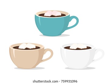 Vector  cups of coffee with marshmallows on the white background