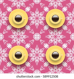 Vector Cups of Coffee on Pink Ornamental Background