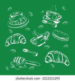 Vector cups of coffee and tea, cookies, croissant and cake. White outline on green background in chalkboard style for menus, paper, invitations, etc.