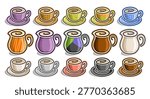 Vector Cups Set, big collection of cut out simple clipart colorful coffee cups, many objects of sweet hot drinks in large ceramic cups and porcelain milk pitchers with handle on white background
