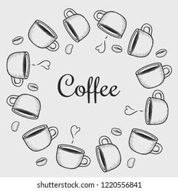 Vector cups  wreath with coffee bean  on white background. Vintage hand drawn bages set. Illustration for menu, ads