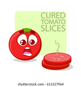 Vector cured tomato slices with live tomato. Isolated on white background with text. 