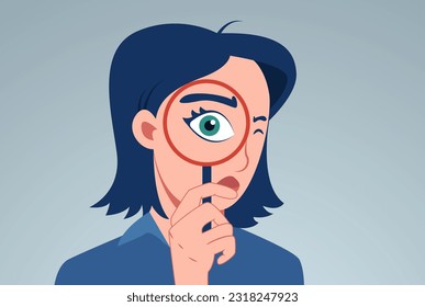 Vector of a curious young woman looking through a magnifying glass