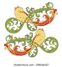 Vector curl. Foliage swirl with a bird in color. decorative filigree work of an element of design