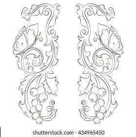 Vector curl. Foliage swirl with butterflies and berries. decorative filigree work of an element of design for an engraving