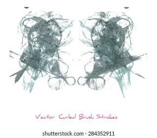 Vector curled brush strokes or stains with grunge texture looking like two clews of knitting wool or two flowers or feathers