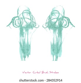 Vector curled brush strokes or stains with grunge texture looking like two trees or two flowers or feathers