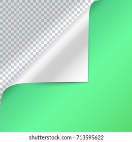 Vector curled corner of green paper. Page curl with shadow on blank sheet of paper. Close-up isolated on transparent background. Paper sticker, square 3D illustration