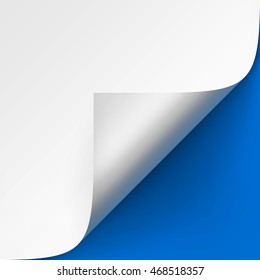Vector Curled corner of White paper with shadow Mock up Close up Isolated on Bright Blue Background