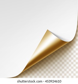 Vector Curled Golden Corner of White Paper with Shadow Mock up Close up Isolated on Transparent Background
