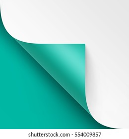 Vector Curled Metalic corner of White paper with shadow Mock up Close up Isolated on Turquoise Mint Background