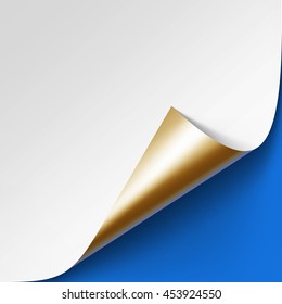 Vector Curled Metalic Golden Corner of White Paper with Shadow Mock up Close up Isolated on Bright Blue Background