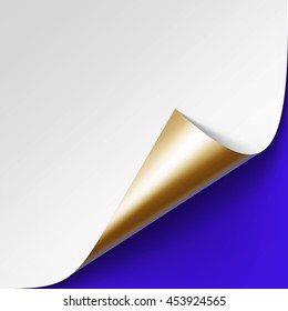 Vector Curled Metalic Golden Corner of White Paper with Shadow Mock up Close up Isolated on Bright Blue Background