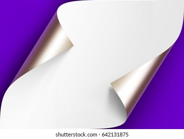 Vector Curled Metalic Platinum Corners of White paper with shadow Mock up Close up Isolated on Blue Violet Background