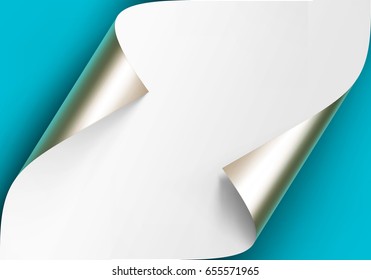 Vector Curled Metalic Platinum Corners of White paper with shadow Mock up Close up Isolated on Blue Turquoise Background