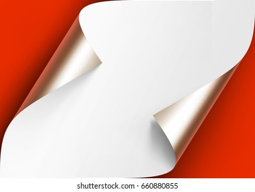 Vector Curled Metalic Platinum Corners of White paper with shadow Mock up Close up Isolated on Red Scarlet Background