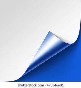 Vector Curled Metalic Silver Corner of White Paper with Shadow Mock up Close up Isolated on Bright Blue Background
