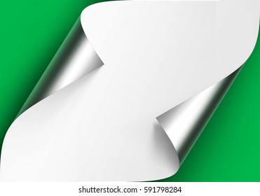 Vector Curled Metalic Silver Corners of White Paper with Shadow Mock up Close up Isolated on Green Background