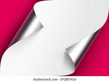 Vector Curled Metalic Silver Corners of White Paper with Shadow Mock up Close up Isolated on Pink Magenta Background