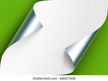 Vector Curled Metalic Silver Corners of White Paper with Shadow Mock up Close up Isolated on Light Green Background