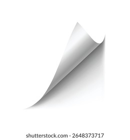 Vector of curled paper corner. White sheet is curled at the edge, shadow effect. For mockups, web design and print. Realistic vector illustration. Isolated background.