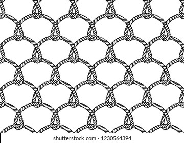 Vector curled ropes, fishing net, seamless. White background. 