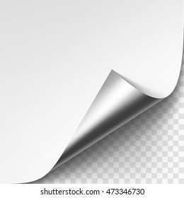 Vector Curled Silver Metalic Corner of White Paper with Shadow Mock up Close up Isolated on Transparent Background