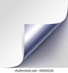 Vector Curled Silver Metalic Corner of White Paper with Shadow Mock up Close up Isolated on Gray Background