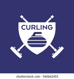 A vector curling badge featuring a rock and two crossed brooms in the background.