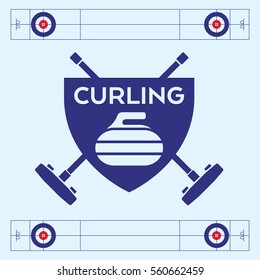 A vector curling badge featuring a rock and two crossed brooms in the background.