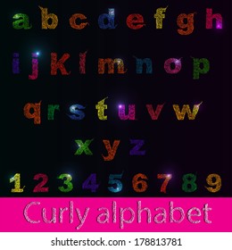 Vector curly alphabet with numbers and black background. Vector illustration.