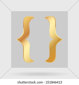 Vector curly bracket, designed in gold colors for design template. Curly bracket for art brochure. Curly bracket for flyer. Gold curly bracket for template of magazine. Curly bracket for art book.