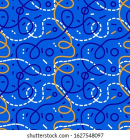 Vector curly seamless pattern with tangled color line decoration on blue background. Flat style design of pattern for web, site, banner, print, textile, wrapping paper