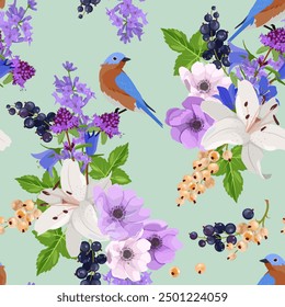 Vector currant, lavender, lily and birds on a green background. Seamless pattern. Background design for textile, packaging tea, ice cream, natural cosmetics, candy and bakery