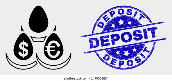 Vector currency deposit eggs pictogram and Deposit seal stamp. Red rounded distress seal stamp with Deposit text. Vector combination in flat style. Black isolated currency deposit eggs pictogram.
