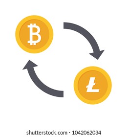 Vector currency exchange gold bitcoin and litecoin coins in flat style with shadow.