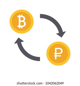 Vector currency exchange gold bitcoin and rouble coins in flat style with shadow.