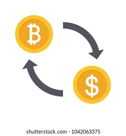 Vector currency exchange gold bitcoin and dollar coins in flat style with shadow.