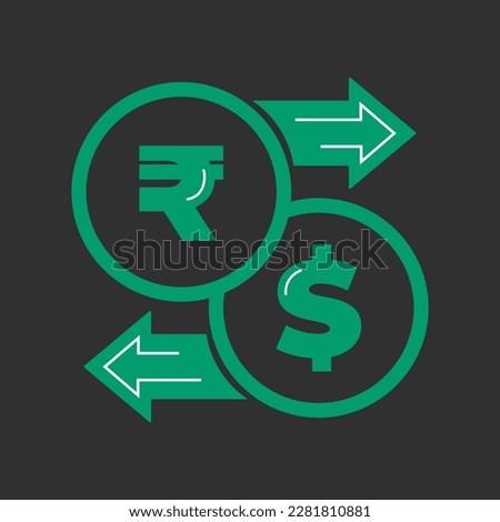 Vector currency exchange. Money conversion. Rupee to dollar icon isolated on white background. Dollar to rupee exchange icon with arrow USD INR	