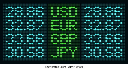 Vector Currency Market Digital Display Isolated Mockup. Exchange Rate Realistic Pixel Table. USD, EUR, GBP, JPY Virtual Font. Blue And Green Light Screen Online Money Rate. Cash Growth Interface