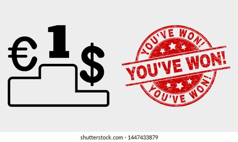 Vector currency pedestal pictogram and You'Ve Won! seal stamp. Red rounded distress seal stamp with You'Ve Won! text. Vector combination for currency pedestal in flat style.