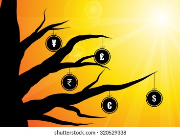 Vector : Currency symbol in circle hang on a branch