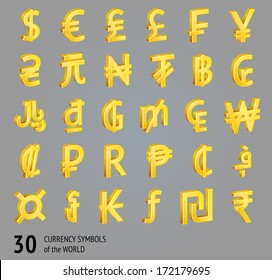 Vector currency symbols (world money icons), 3D and gold.