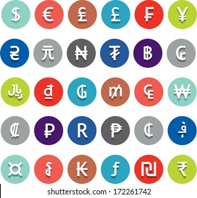Vector currency symbols (world money icons), flat, modern bright and colored