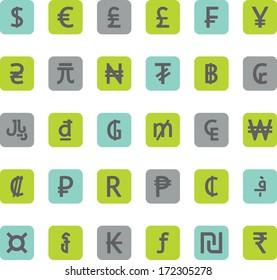 Vector currency symbols (world money icons), square, flat and colored