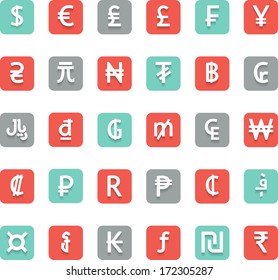 Vector currency symbols (world money icons), square, flat and colored