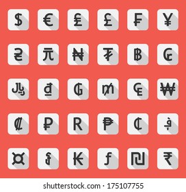 Vector currency symbols (world money icons), square, flat and colored